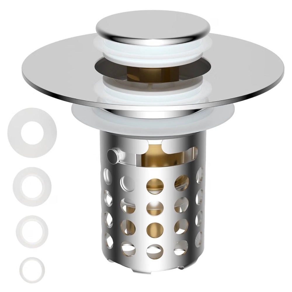 Universal Pop Up Bathroom Sink Drain Stopper with Hair Catcher Polished Chrome